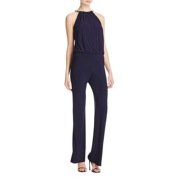 Laundry by Shelli Segal Black Open Peep Back Wide Leg Chain Halter Neck Jumpsuit - Picture 2 of 8